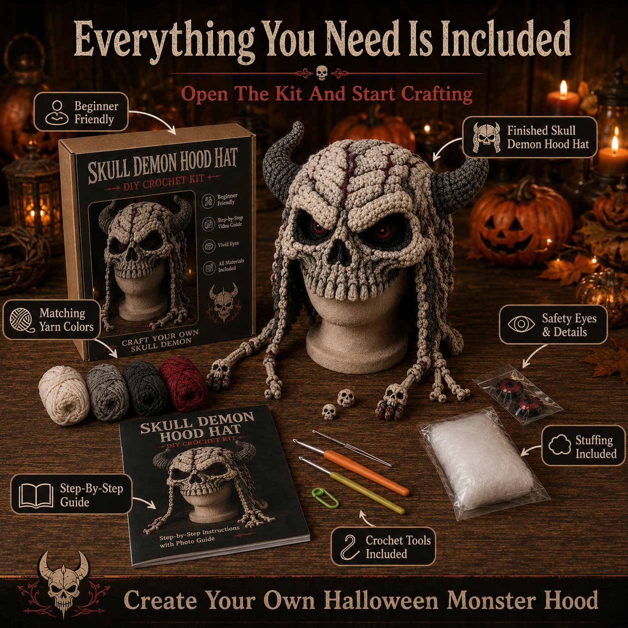 🎭🎃 Halloween Monster Hood DIY Crochet Kit | Premium Soft Yarn Materials with Step-by-Step Guide DIY Handmade Wearable Character Hood 🧶✨