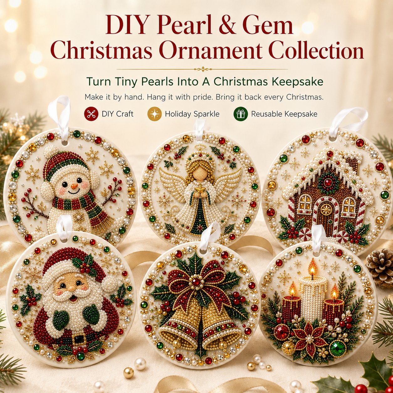 🌲✨ DIY Pearl & Gem Christmas Ornament Collection