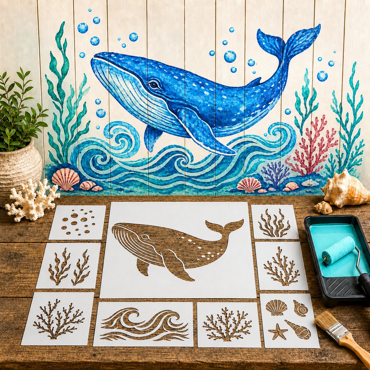 🐙 Reusable Ocean Octopus Mural Stencil Set | Bring Plain Walls & Fences to Life with a Bold Underwater Scene 🌊🎨✨