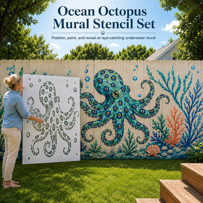 🐙 Reusable Ocean Octopus Mural Stencil Set | Bring Plain Walls & Fences to Life with a Bold Underwater Scene 🌊🎨✨