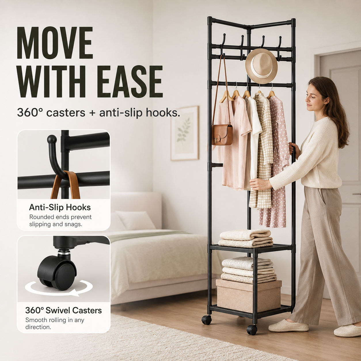 Multi-Functional Rolling Garment Rack with Bottom Storage