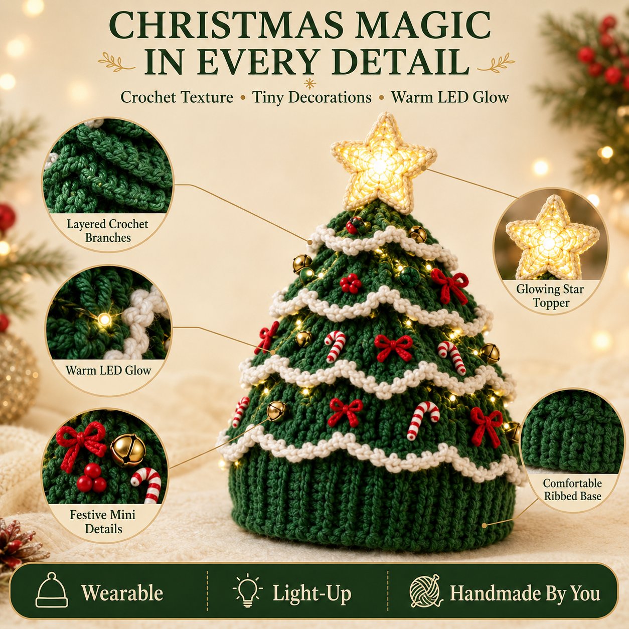 🎄Beginner-Friendly Light-Up Christmas Tree Crochet Hat DIY Kit | Complete Kit with Coordinated Yarn, LED Lights & Step-by-Step Guide Included 💕