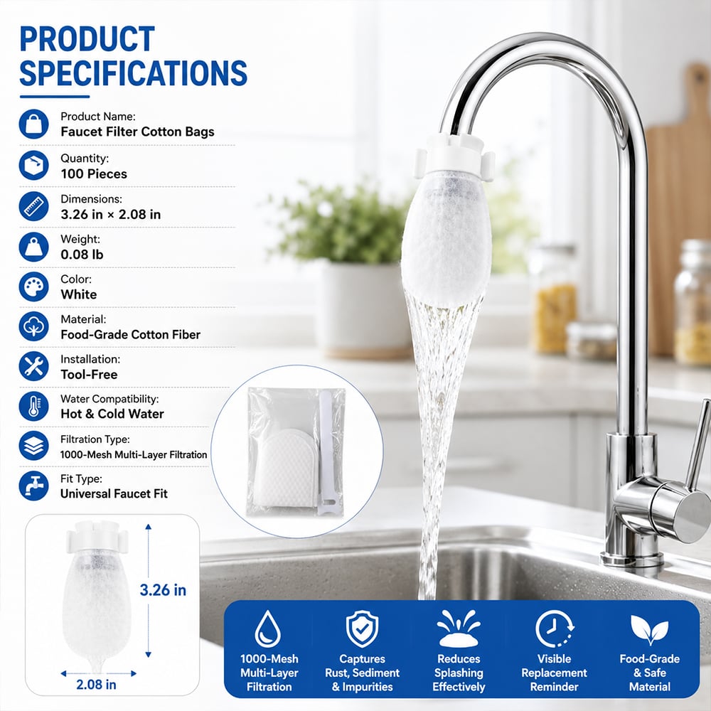 💧Universal Faucet Filter Cotton Bags | 100 PCS Splash-Proof Set
