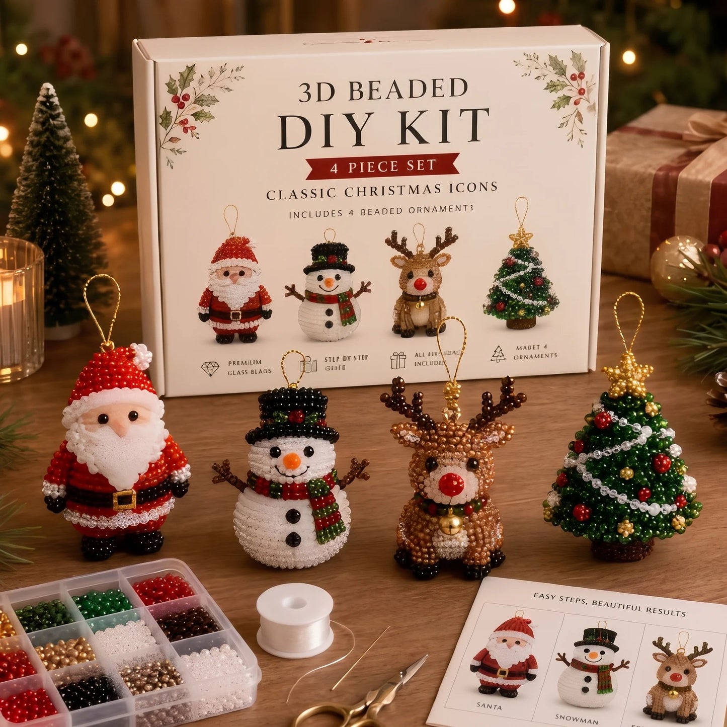 🎄DIY 3D Christmas Beaded Ornament Kit | Complete 4-Piece Set with Glass Beads, All Tools & Step-by-Step Guide Included 💕
