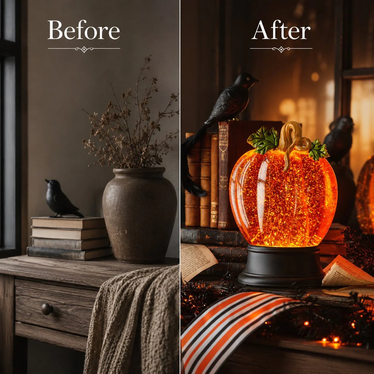 🎉Orange Fall Pumpkin Lighted Glitter Swirl Water Globe