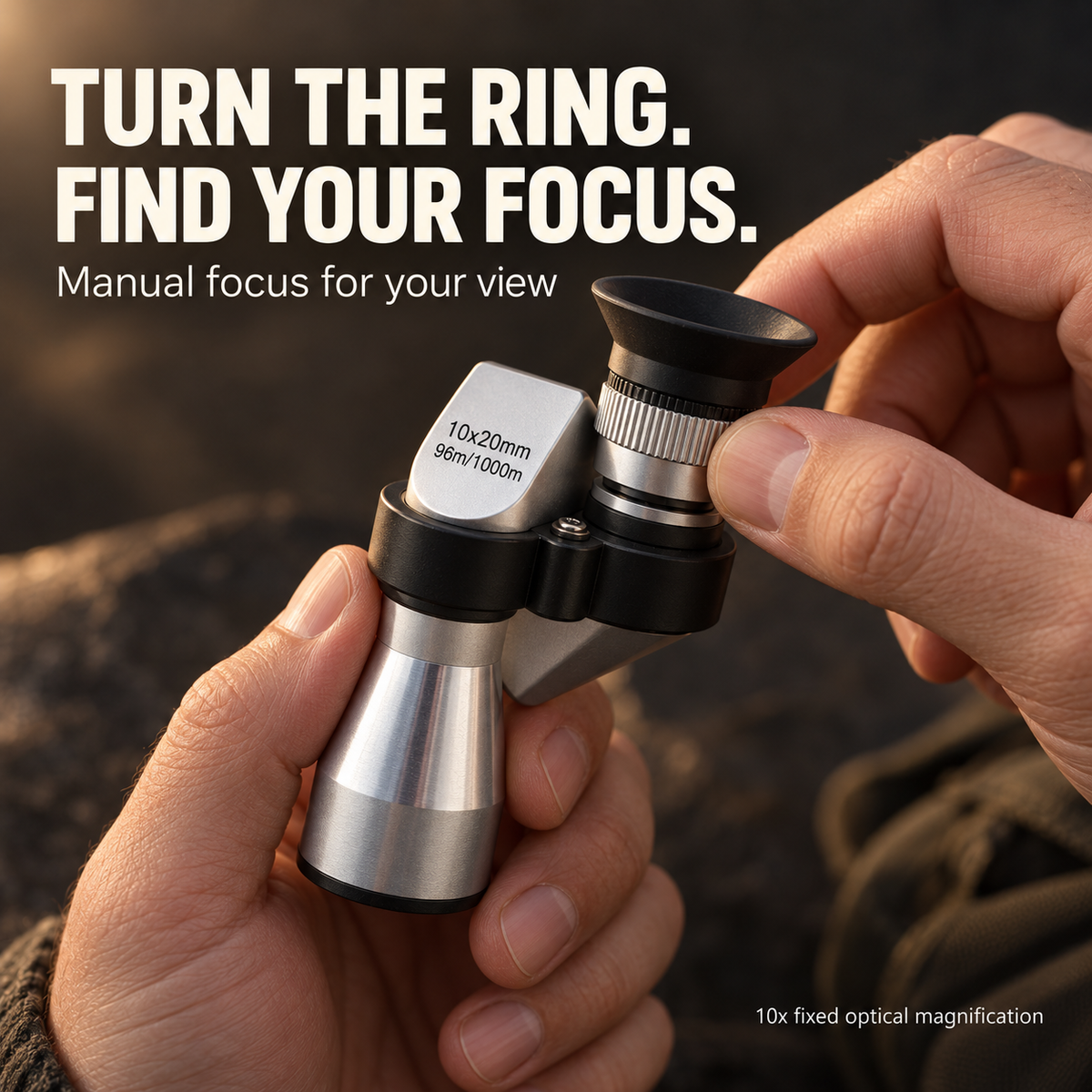 Hands adjusting the silver focus ring beneath the black rubber eyecup of the mini monocular