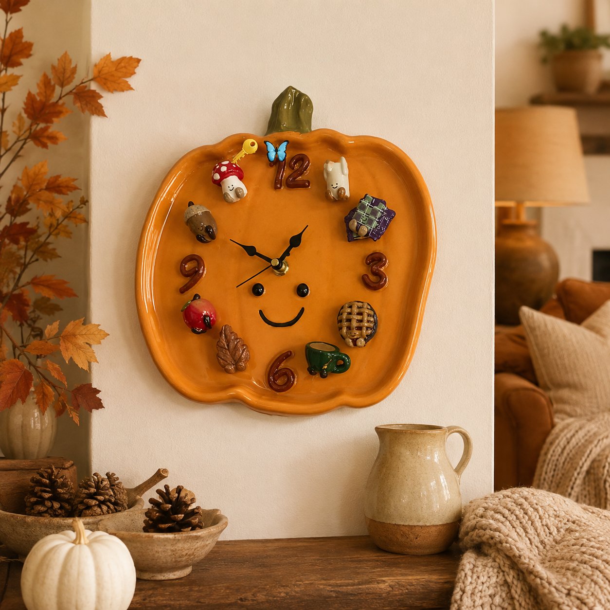 🎃 Cozy Harvest Pumpkin Clock | Semi-Handcrafted 3D Autumn Details, Rearrangeable Charms & Cord-Free Tabletop Display 🍂✨