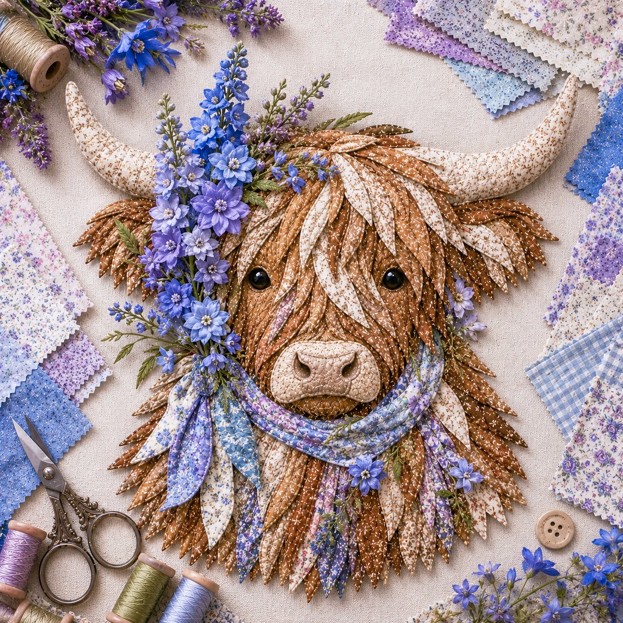 🐮💐🌸 Birth Flower Highland Cow 3D Layered Fabric Art DIY Kit (Beginner-friendly) 🔥