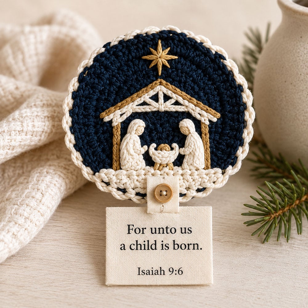 Handmade Nativity crochet coaster details