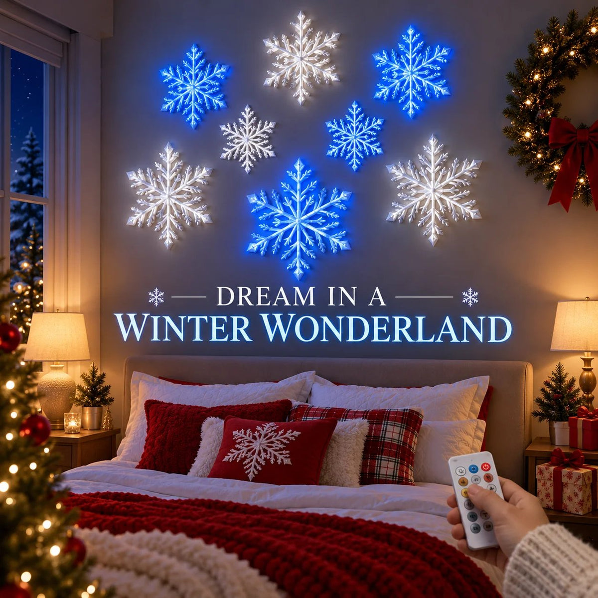 ❄️ LED Snowflake Wall Lights | 3D Christmas Snowflake Décor with Blue & White Glow, Remote Control & Magical Indoor Holiday Atmosphere ✨