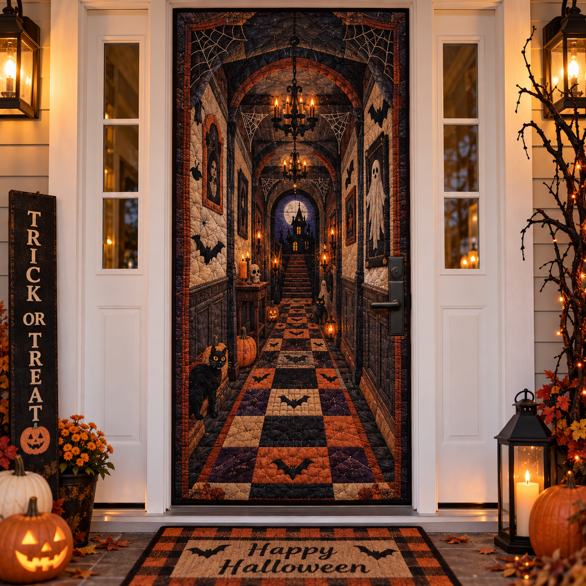 🎃 50% OFF 3D Halloween Illusion Door Cover – Quilt-Inspired Haunted Hallway Decor