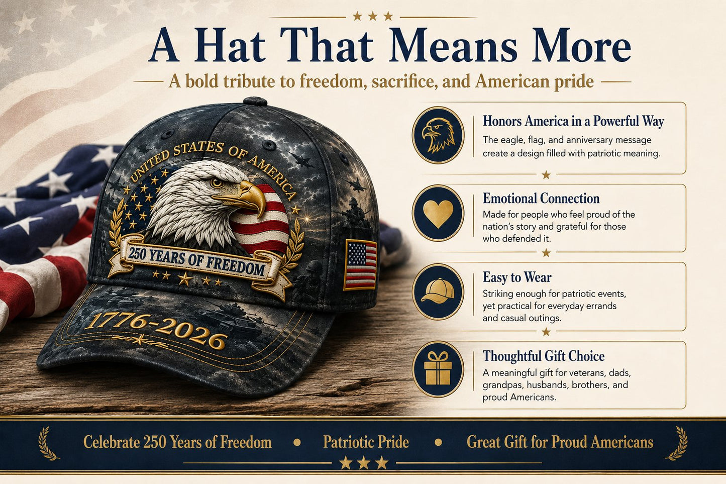 ✨2026 Ahlwomax®250 Years of Freedom Eagle Cap | Embroidered Patriotic Vintage Baseball Hat – 1776–2026 American Tribute Edition