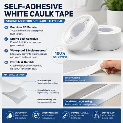 🚰 Self-Adhesive White Caulk Tape – PE Waterproof Sealant Strip, 5M Length, Strong Adhesion, Easy-to-Apply for Bathroom & Kitchen Edge Protection