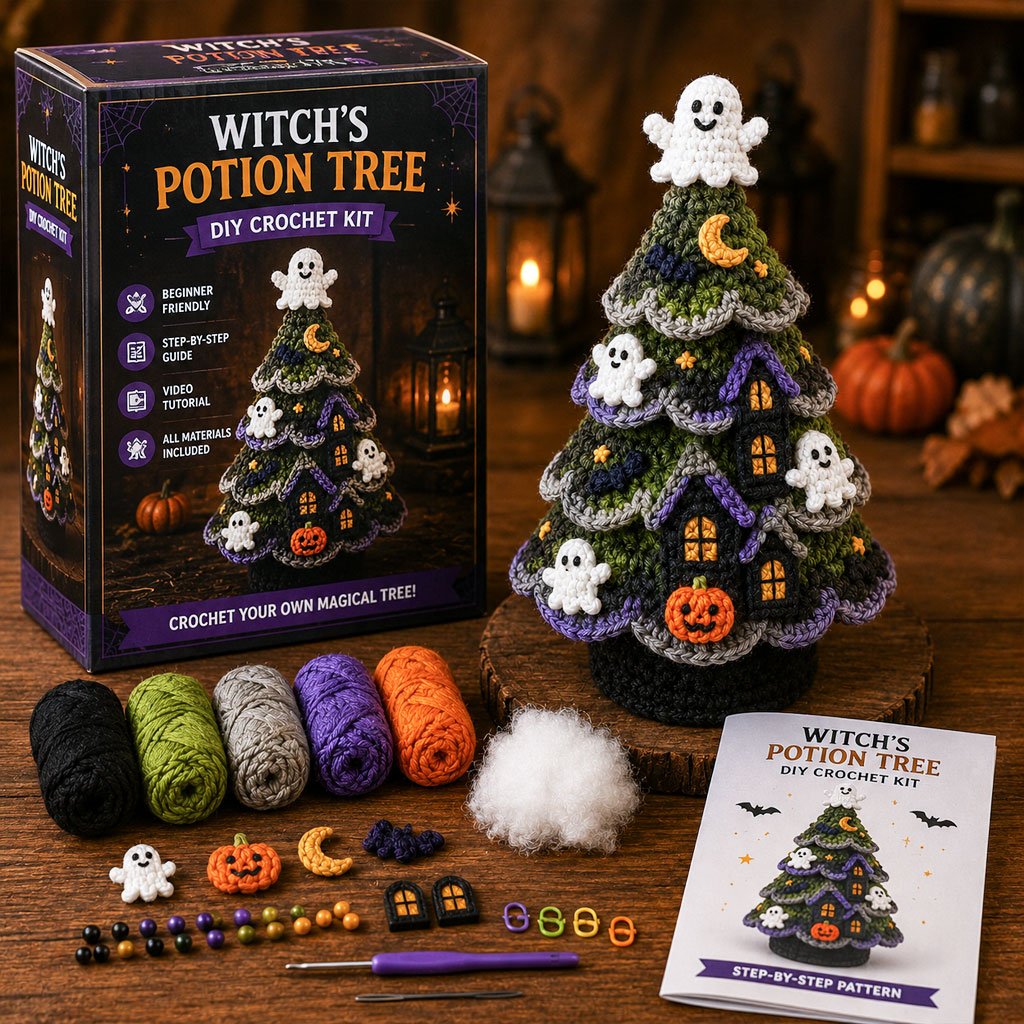 🔥 LAST DAY 49% OFF – 🎃 Halloween Tree DIY Crochet Kit | All-In-One Kit for a Layered 7-Inch Spooky Tabletop Decoration 🧶👻✨