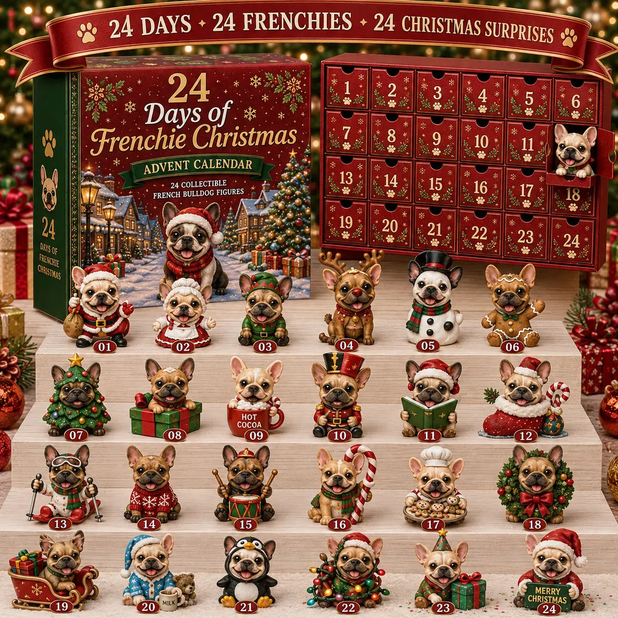🔥Last day with huge discounts! 🐶 24-Day French Bulldog Christmas Advent Calendar🎄✨