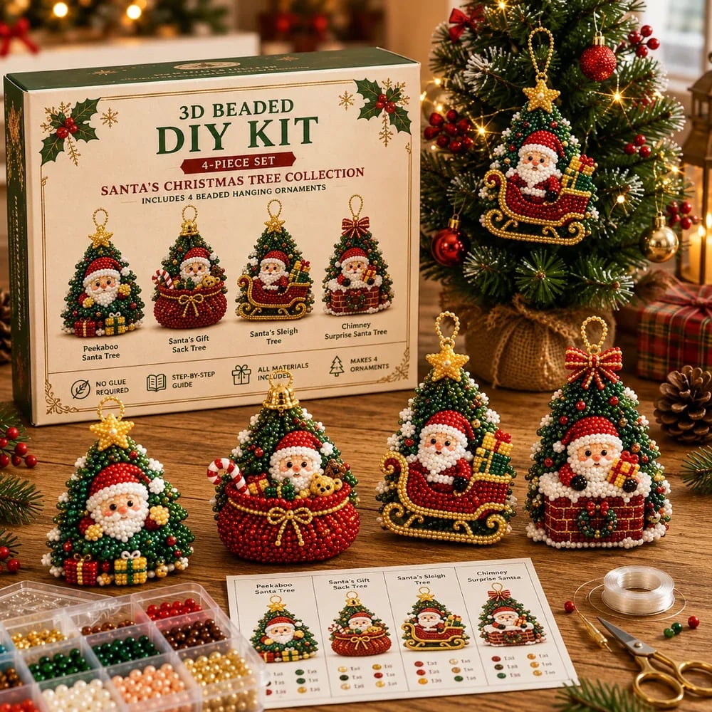 🎄DIY 3D Christmas Beaded Ornament Kit | Complete 4-Piece Set with Glass Beads, All Tools & Step-by-Step Guide Included 💕