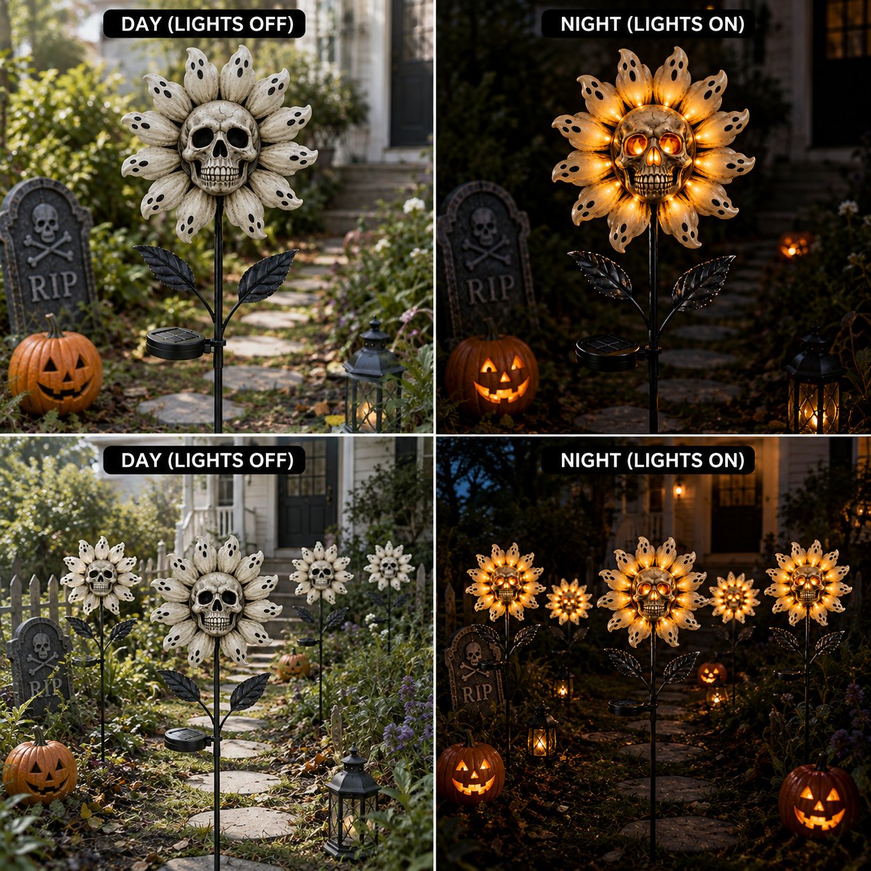 👻 Skull & Ghost Sunflower Solar Garden Stake