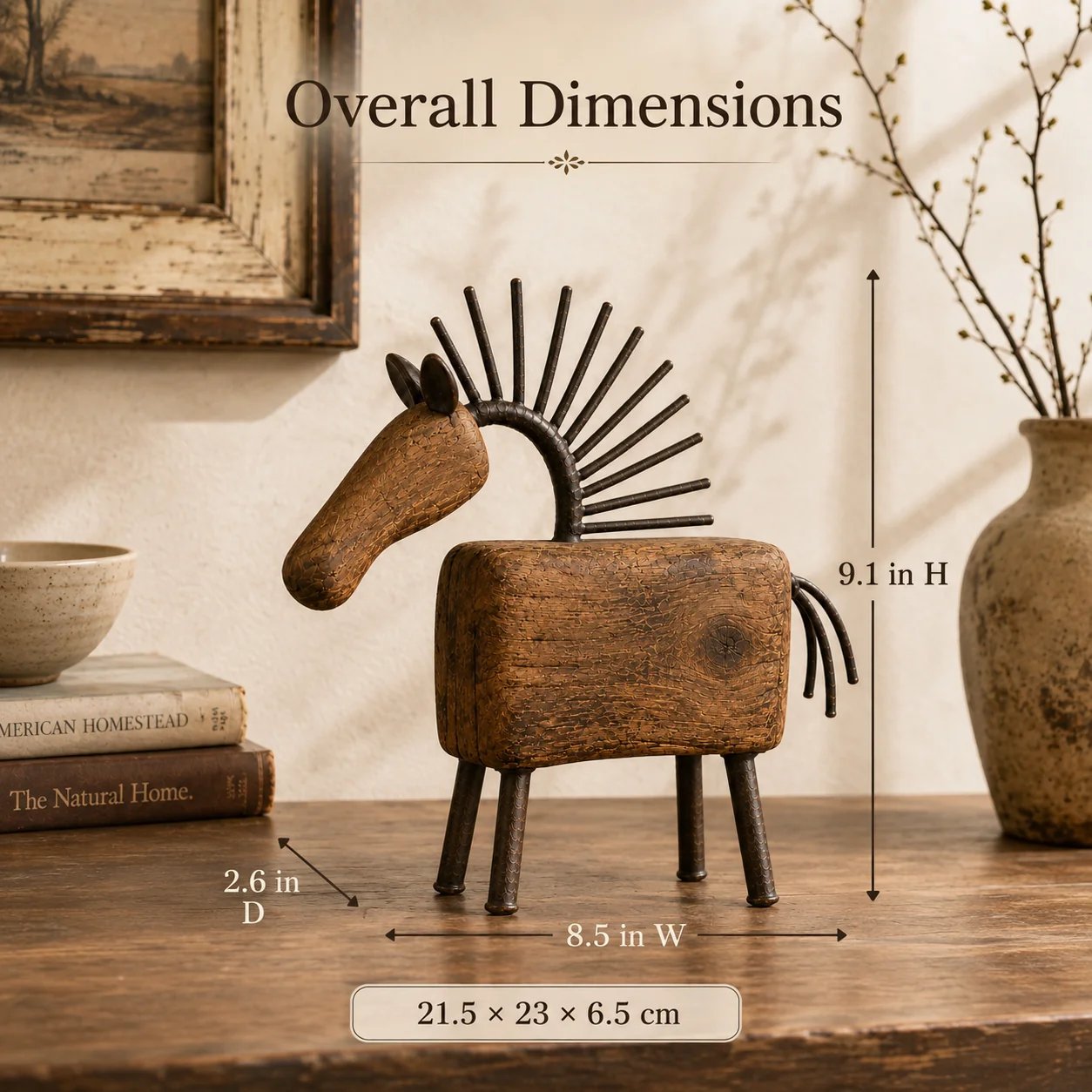 Vintage Primitive Wood & Metal Horse Sculpture