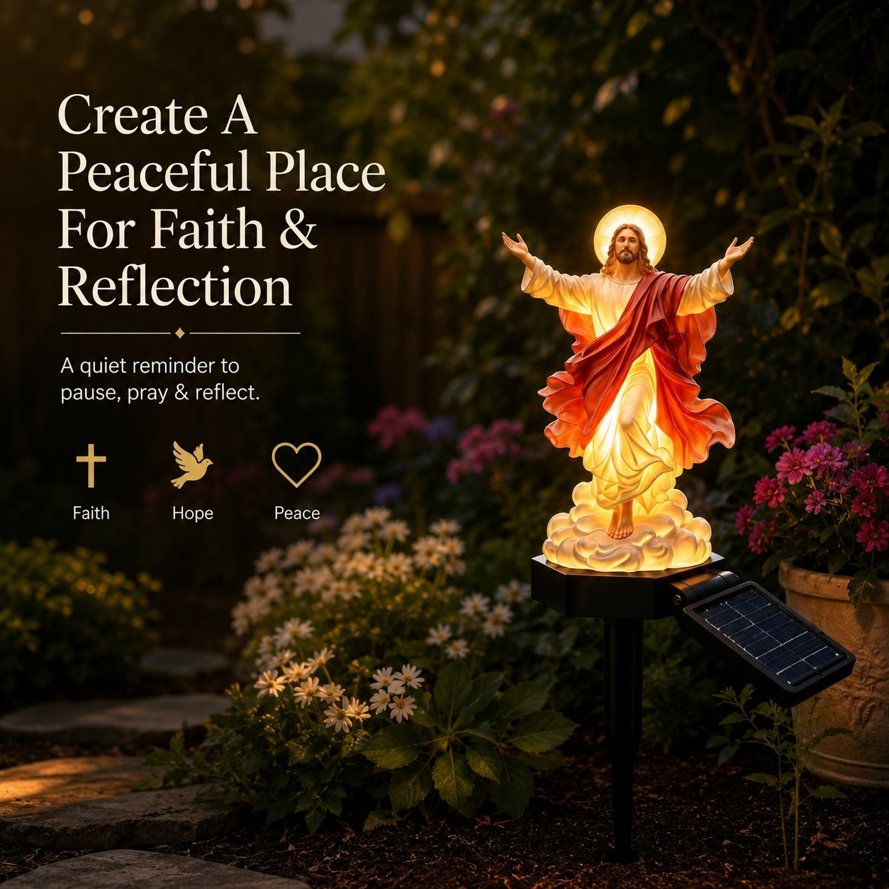 🔥 ✝️ Solar-Powered Illuminated Jesus Garden Statue | Automatic Halo Glow Outdoor Faith Decor for Gardens, Pathways & Prayer Spaces ✨