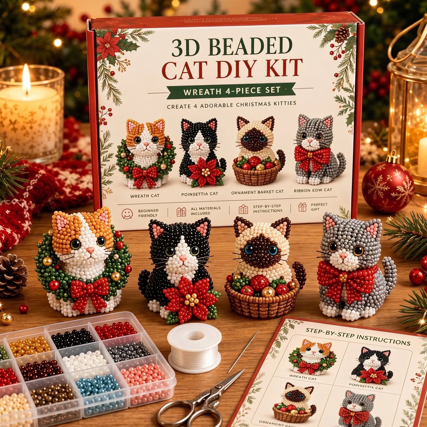 🎄DIY 3D Christmas Beaded Ornament Kit | Complete 4-Piece Set with Glass Beads, All Tools & Step-by-Step Guide Included 💕
