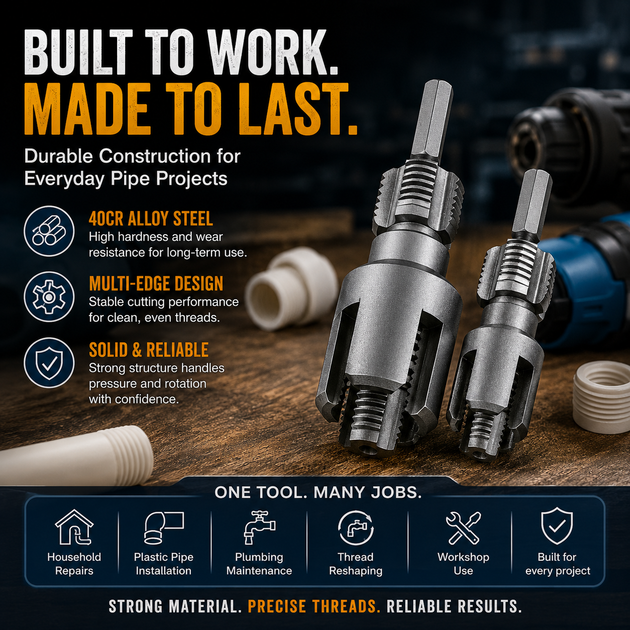 Drill-Powered Pipe Thread Cutting Bit — Internal & External Threading for 1/2' & 3/4' Plastic Pipes