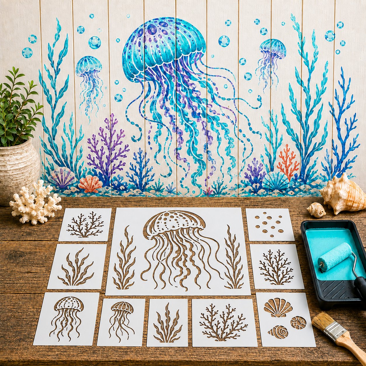 🐙 Reusable Ocean Octopus Mural Stencil Set | Bring Plain Walls & Fences to Life with a Bold Underwater Scene 🌊🎨✨