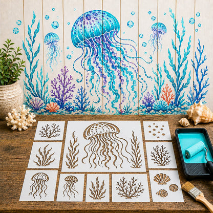 🐙 Reusable Ocean Octopus Mural Stencil Set | Bring Plain Walls & Fences to Life with a Bold Underwater Scene 🌊🎨✨