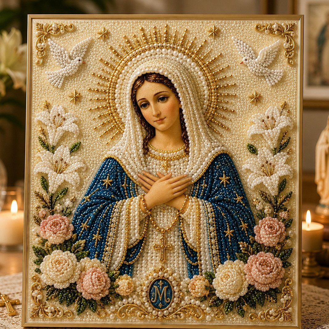 🙏New Arrivals 49% OFF-2026 Divine Pearl Bead Virgin Mary Icon – A Peaceful DIY Faith Art Gift ✨