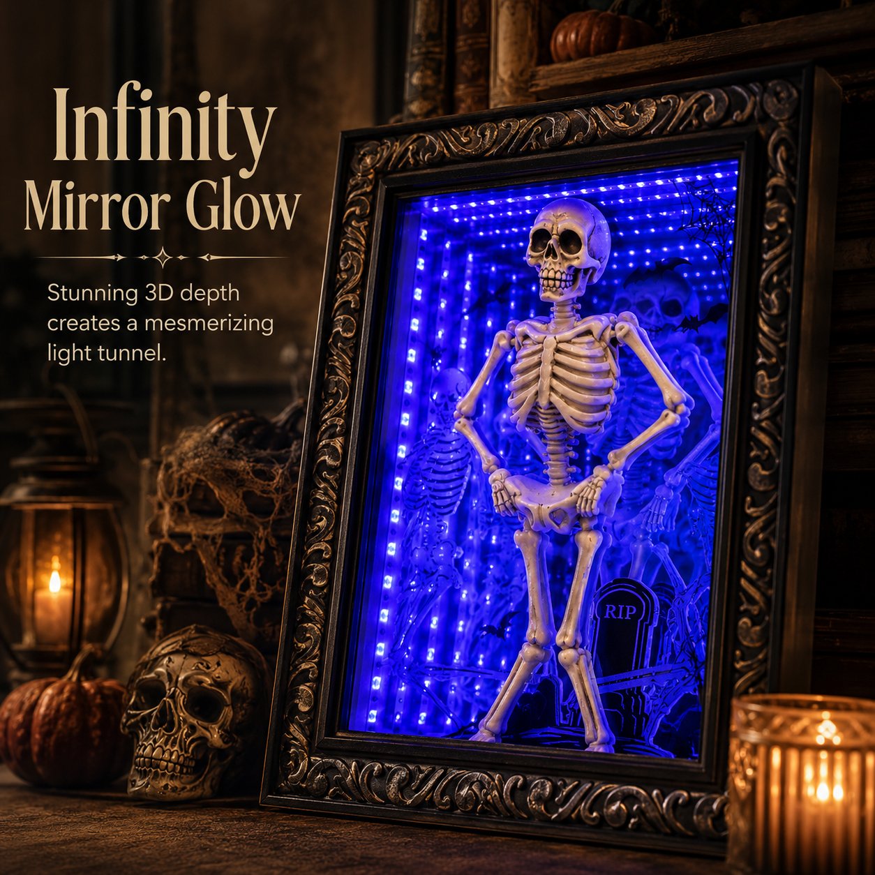 💀Dancing Skeleton Infinity Mirror Frame | Stunning Depth LED Decor, Perfect Halloween Gift For Gothic Style Fans