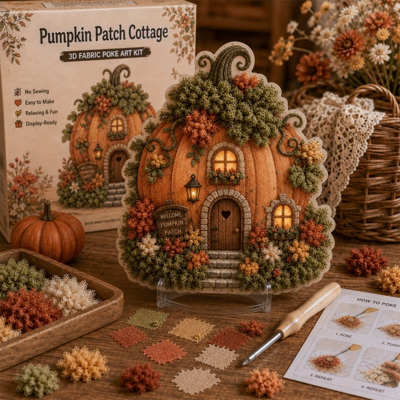 ✨ Whimsical Village 3D Fabric Poke Art Kit | No-Sew Storybook Cottage Craft with Soft 3D Texture, Poke Tool & Display Stand 🏡🧵