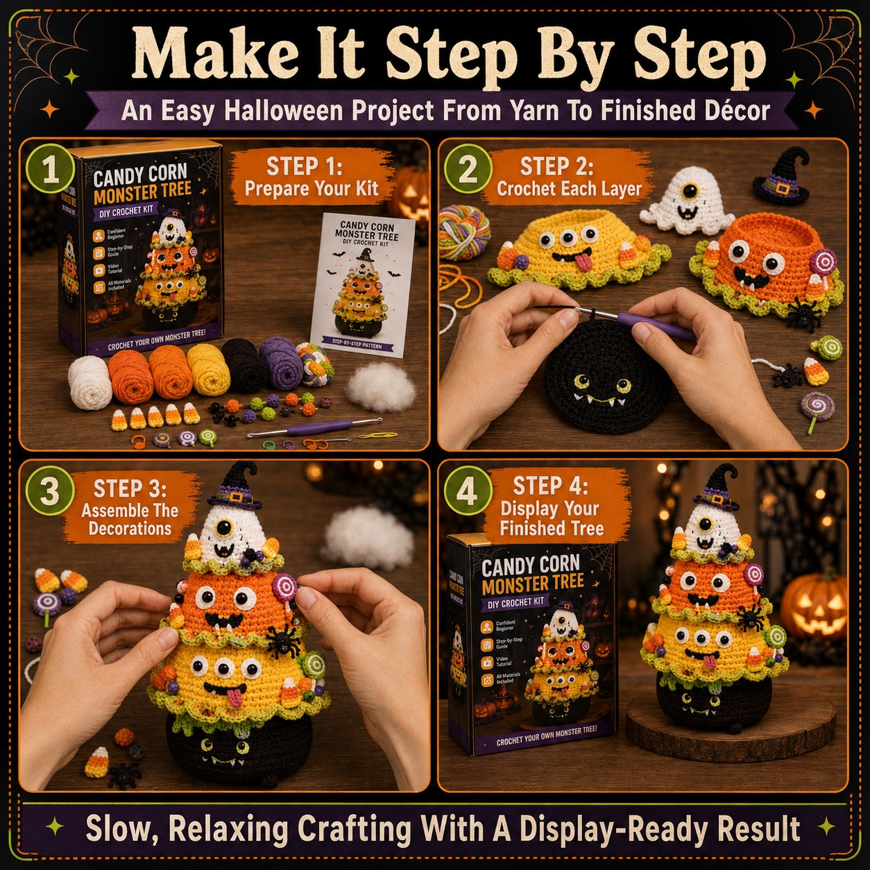 🔥 LAST DAY 49% OFF – 🎃 Halloween Tree DIY Crochet Kit | All-In-One Kit for a Layered 7-Inch Spooky Tabletop Decoration 🧶👻✨