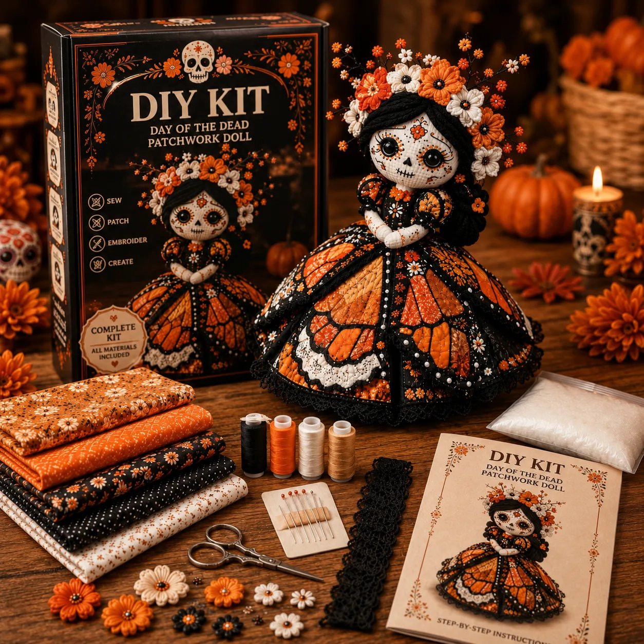 🔥 Day of the Dead Patchwork Doll DIY Kit | Handmade Fabric Craft with Floral Details