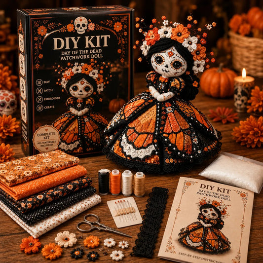 🔥 Day of the Dead Patchwork Doll DIY Kit | Handmade Fabric Craft with Floral Details