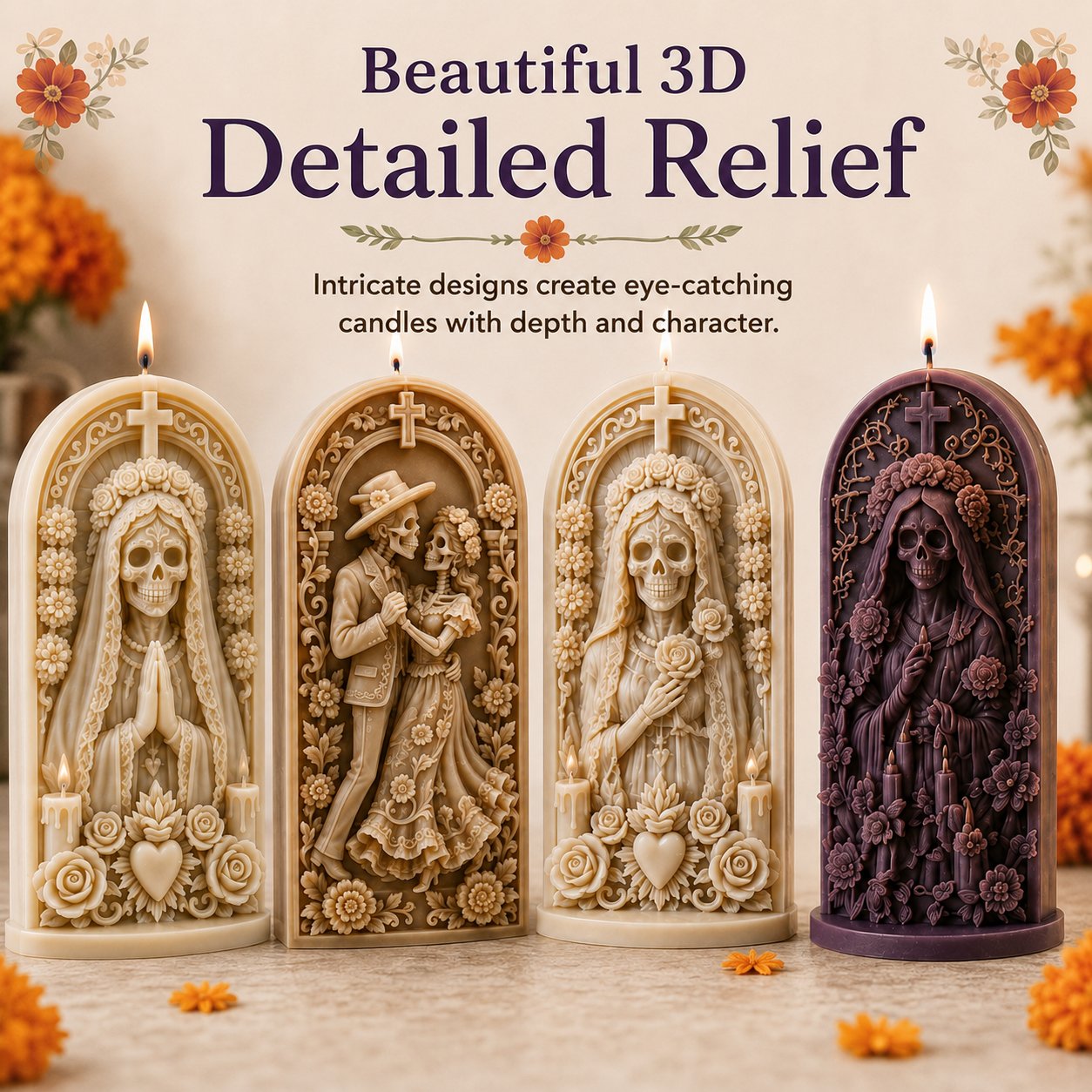 ⏳ Last Day 49% OFF – 💀 4-Piece Día de los Muertos 3D Relief Candle Mold Set | Detailed Skeleton, Floral & Arched Designs for Handmade Decorative Candles 🕯️✨