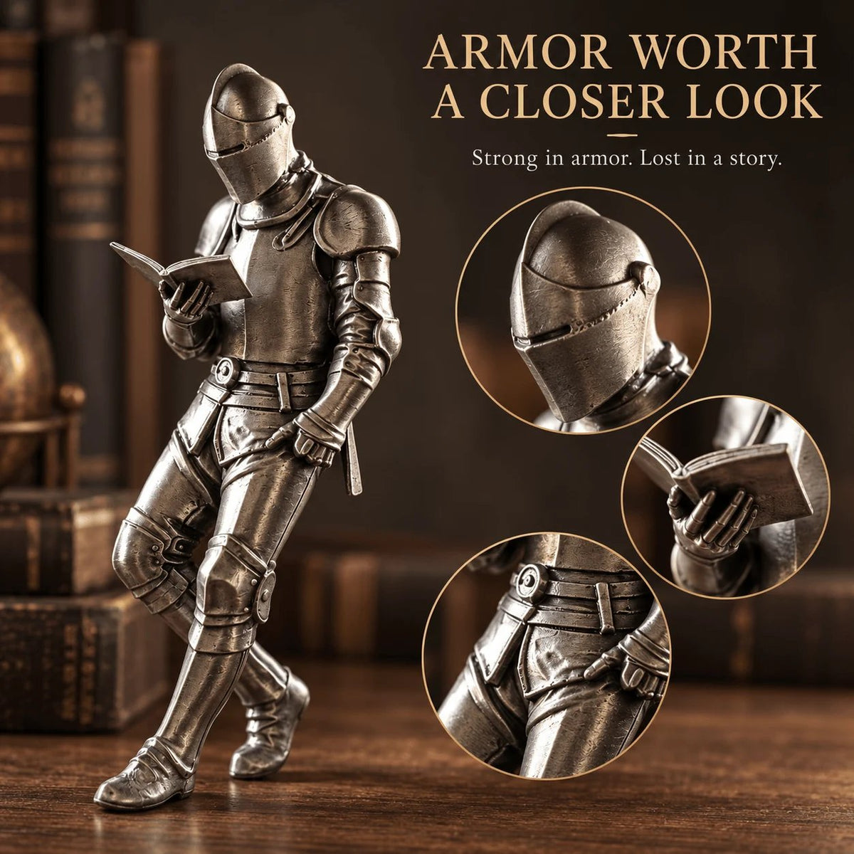 ⚔️ Reading Knight Bookshelf Statue | Medieval Fantasy Bookend Décor