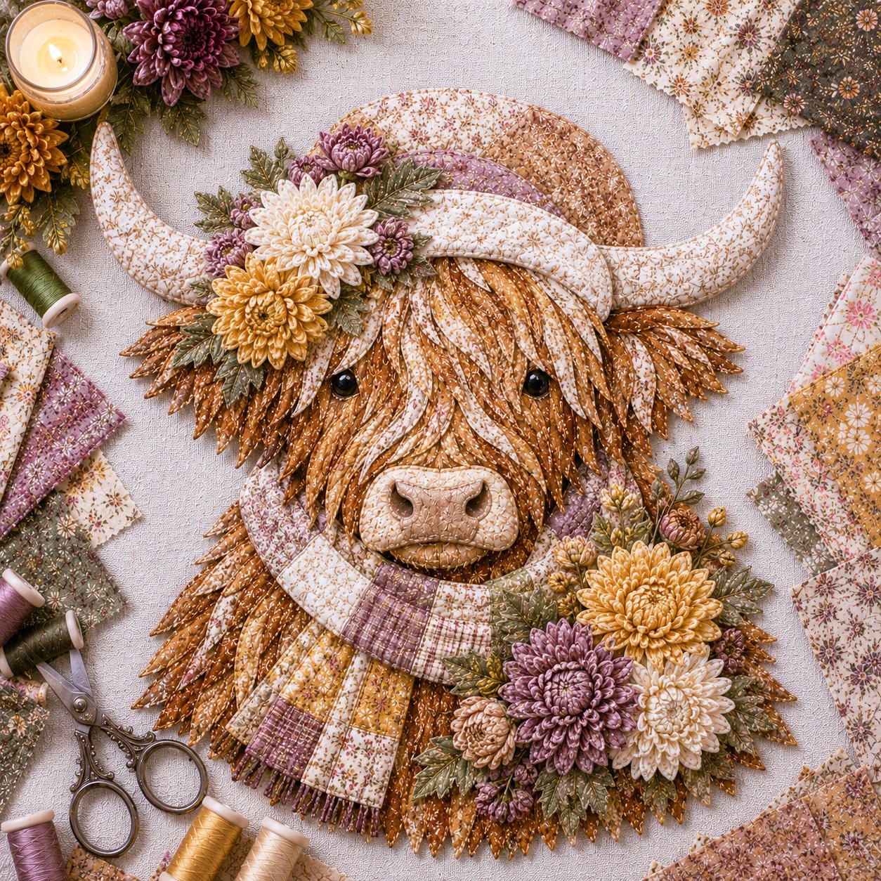 🐮💐🌸 Birth Flower Highland Cow 3D Layered Fabric Art DIY Kit (Beginner-friendly) 🔥