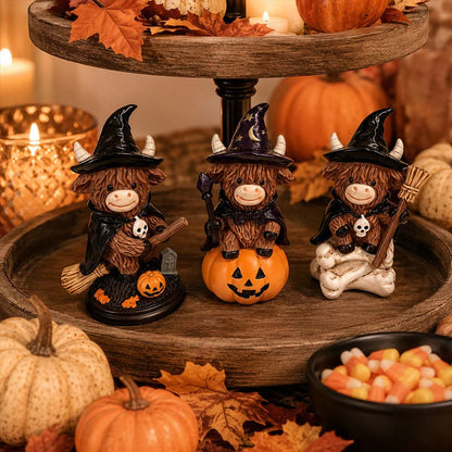 🎃Halloween Highland Cow Witch Ornament – Spooky-Cute Tabletop Decor for Mantel, Shelf & Candy Station