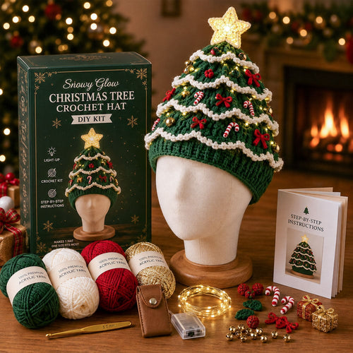 🎄Beginner-Friendly Light-Up Christmas Tree Crochet Hat DIY Kit | Complete Kit with Coordinated Yarn, LED Lights & Step-by-Step Guide Included 💕