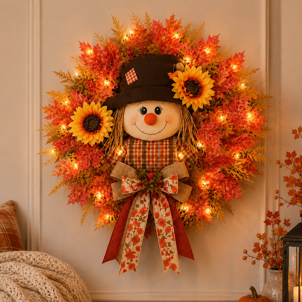 🔥🍁 Fall Favorite – Lighted Scarecrow Front Door Wreath