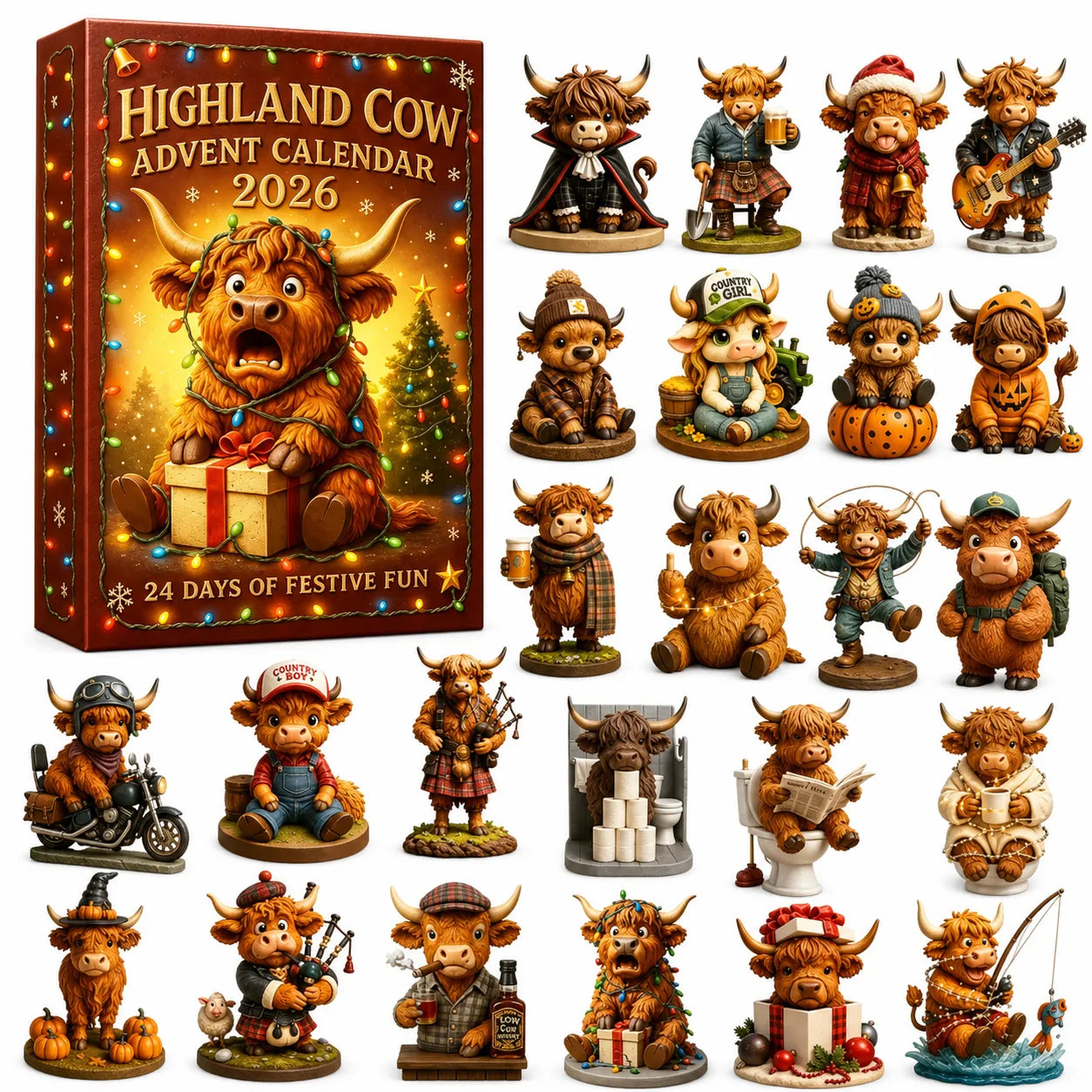 🎄 24 Days of Highland Cow Christmas Advent Calendar 2026 | 24 Unique 3D Cow Figures