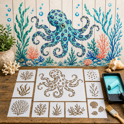 🐙 Reusable Ocean Octopus Mural Stencil Set | Bring Plain Walls & Fences to Life with a Bold Underwater Scene 🌊🎨✨