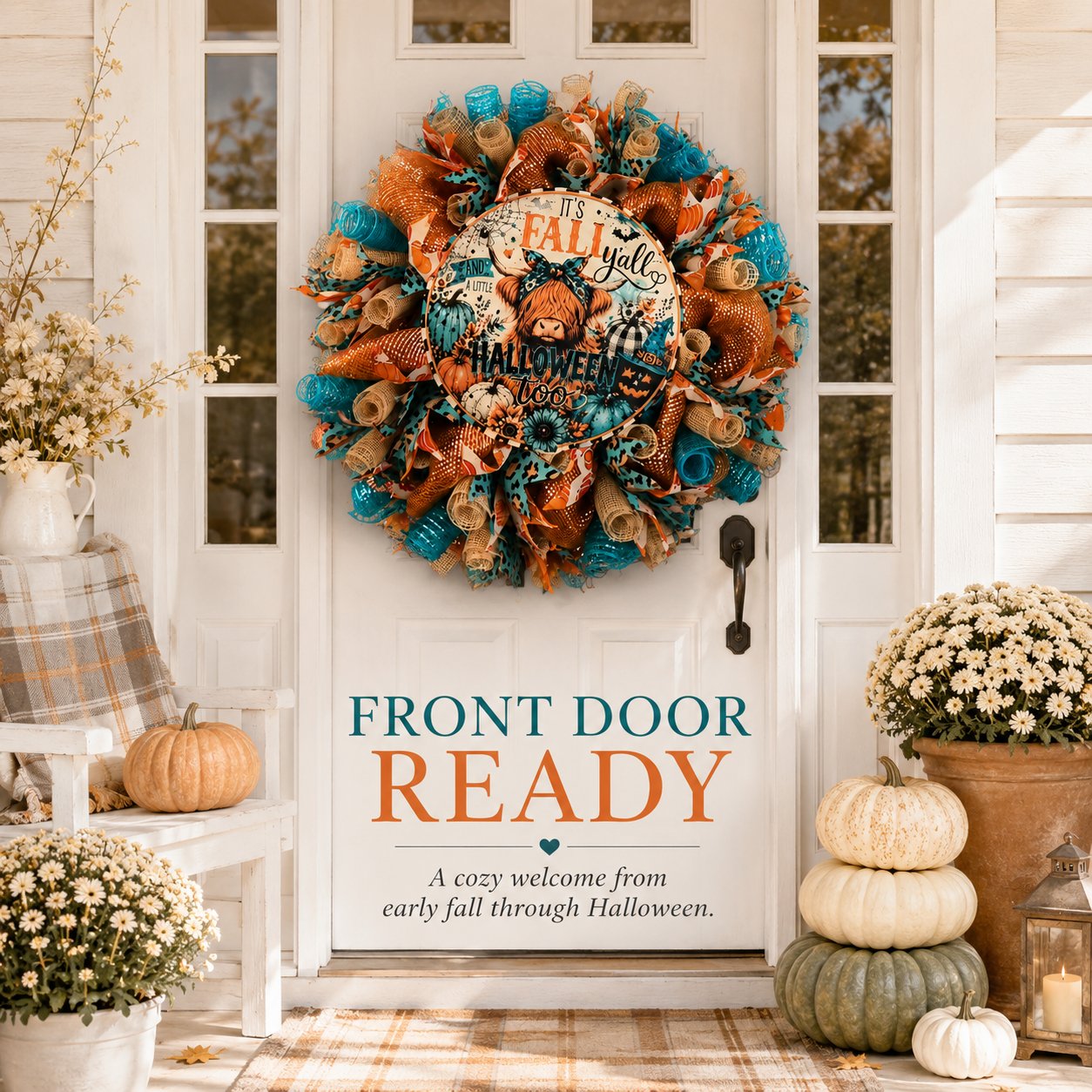 Handmade Highland Cow Fall & Halloween Wreath
