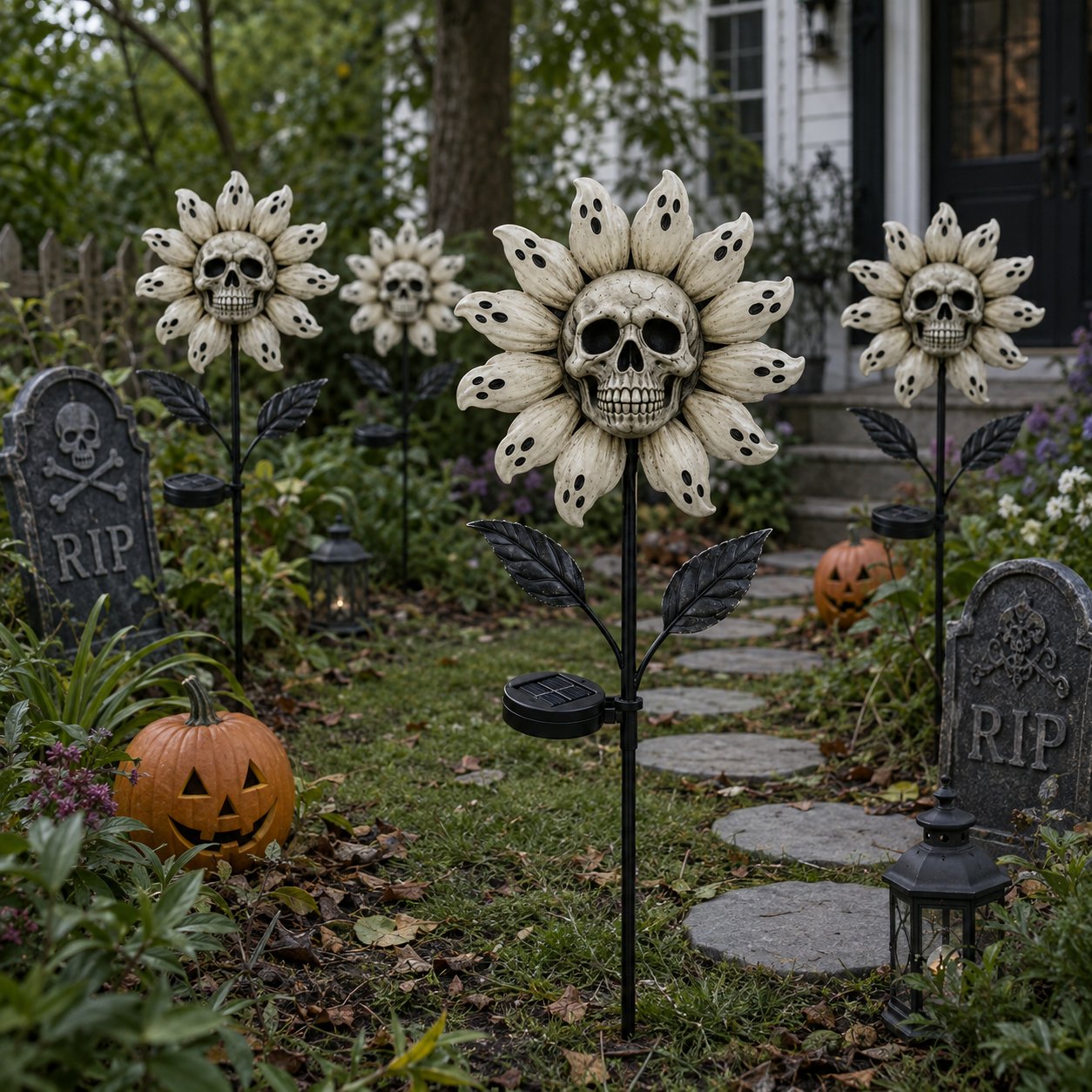 👻 Skull & Ghost Sunflower Solar Garden Stake