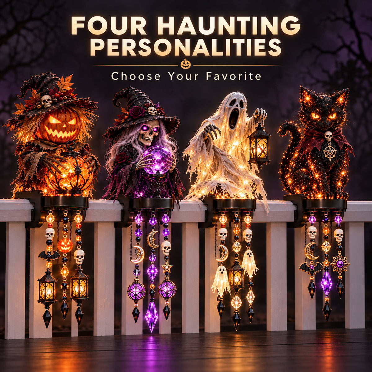 🎃 Halloween Character Glow Cascade Railing Lights – Pumpkin, Witch, Ghost & Black Cat