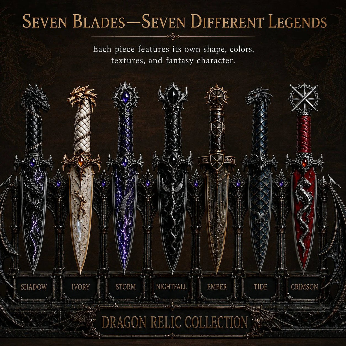 Dragon Relic Collection – 7-Piece Fantasy Dagger Display Set