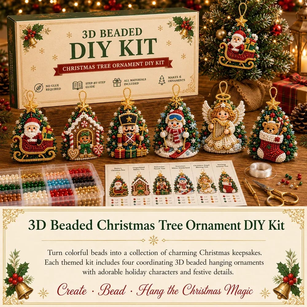🎄DIY 3D Christmas Beaded Ornament Kit | Complete 4-Piece Set with Glass Beads, All Tools & Step-by-Step Guide Included 💕