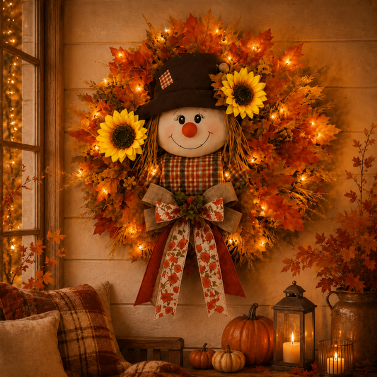 🔥🍁 Fall Favorite – Lighted Scarecrow Front Door Wreath