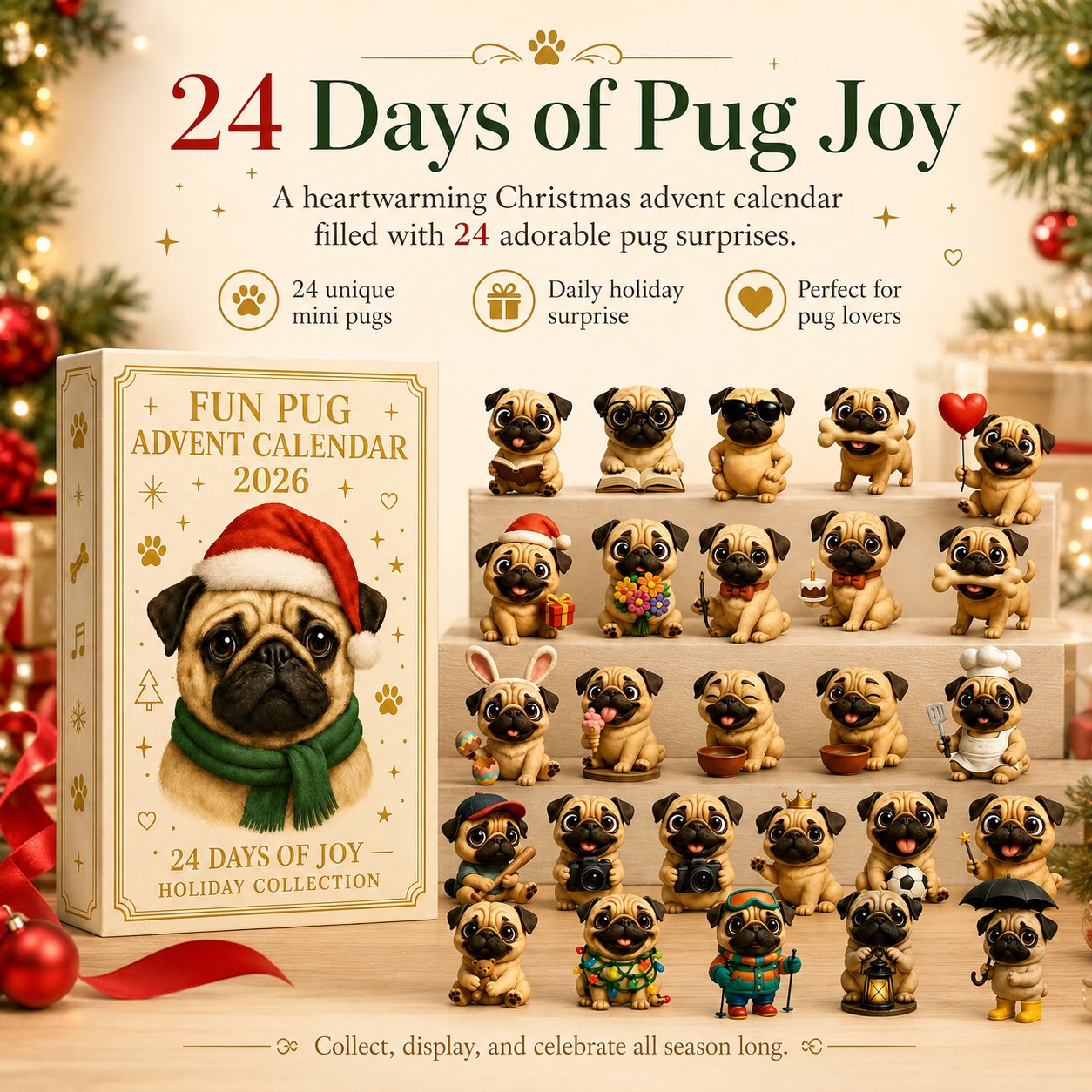 ⏳ Last Day 49% OFF – 🐾 24-Day Pug Christmas Surprise Advent Calendar | 24 Unique Mini Pug Figures for Daily Holiday Reveals, Collecting & Display 🎄✨