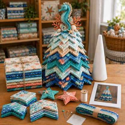 🌊 Ocean Dreams Layered Fabric Tree Craft Kit | Create a Freestanding Coastal Centerpiece with Coordinated Fabrics & Marine Topper 🐚✨