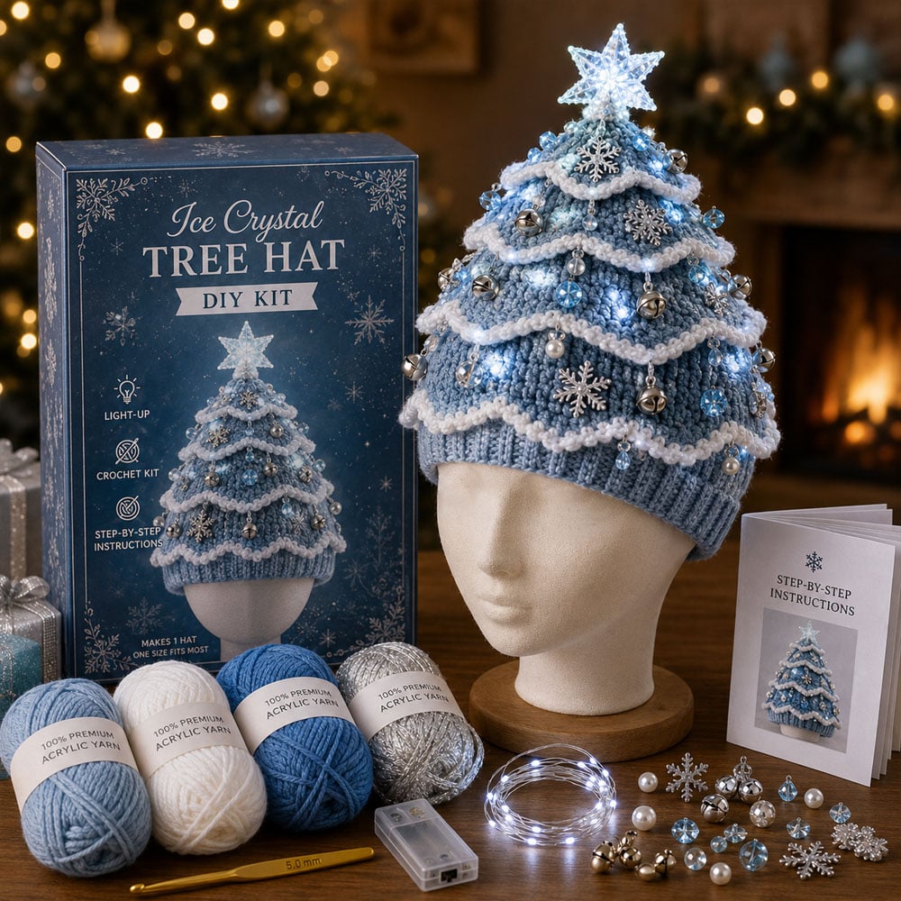 🎄Beginner-Friendly Light-Up Christmas Tree Crochet Hat DIY Kit | Complete Kit with Coordinated Yarn, LED Lights & Step-by-Step Guide Included 💕